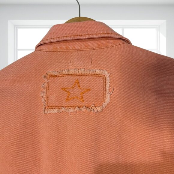 POL Patchwork Crochet Sleeve Denim Shacket | Bohemian Frayed Oversized Jacket M - Picture 6 of 13